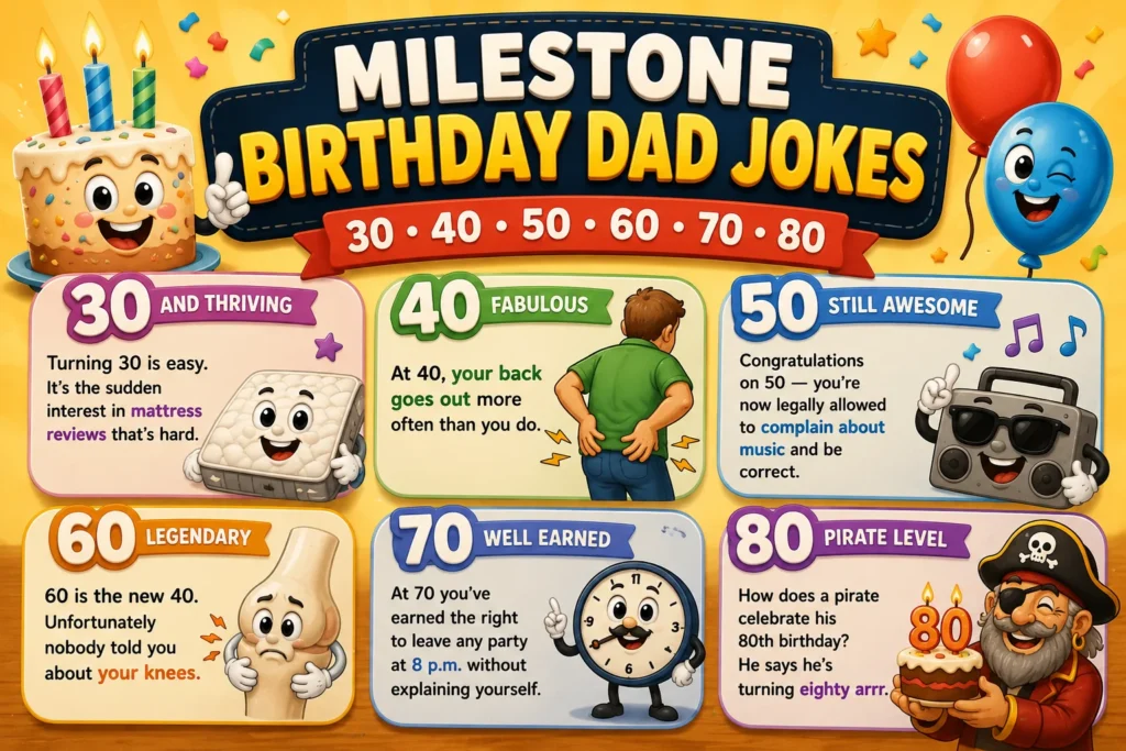 Milestone Birthday Dad Jokes | 30, 40, 50, 60 and 80