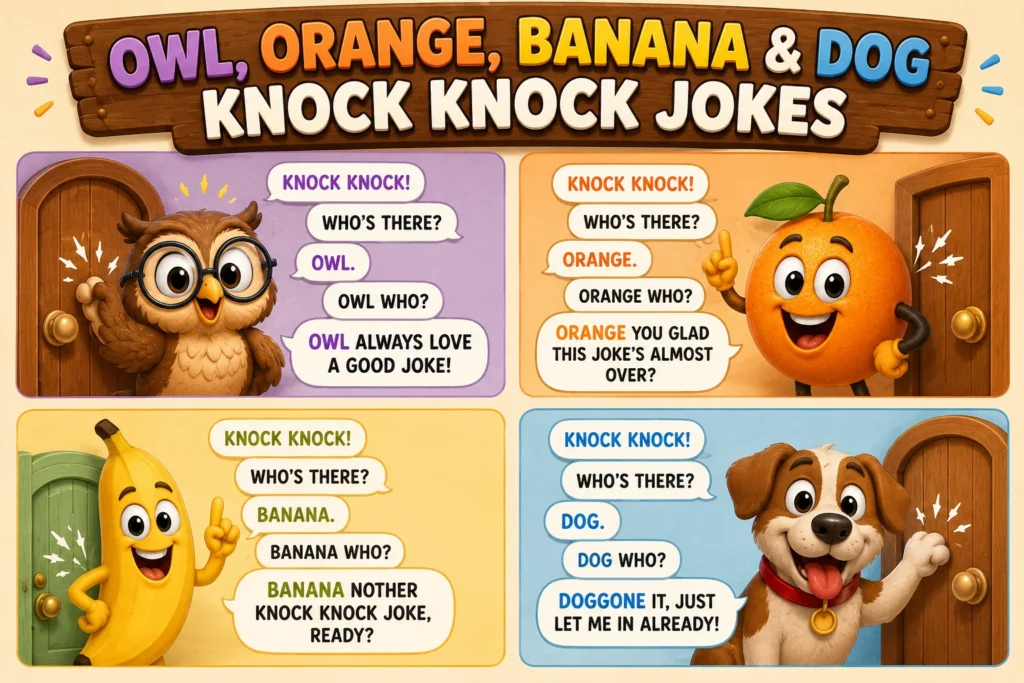 Owl, Orange, Banana & Dog KnockKnock Jokes